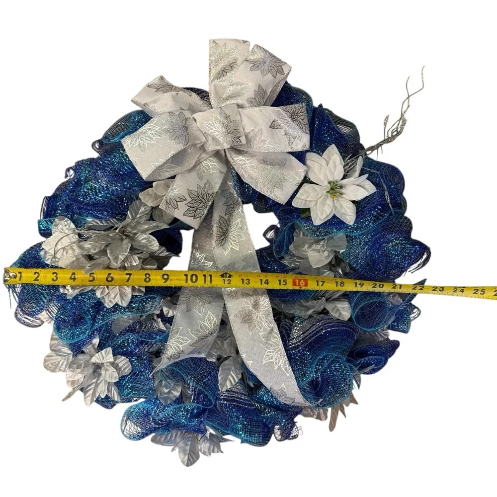 Handmade Blue & Silver Snowflake Deco Mesh Wreath Winter/Christmas Decor 22